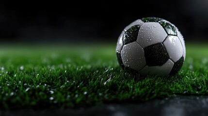 Fototapeta premium Wet soccer ball on a grassy field at night