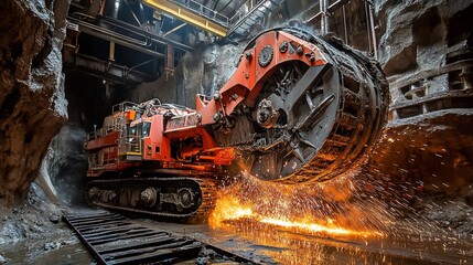 Fototapeta premium Industrial mining machine cutting through rock, sparks flying.