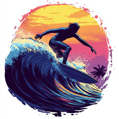 Dynamic Vector Surfing Silhouette at Sunset, Ocean Wave Art, Sports Illustration