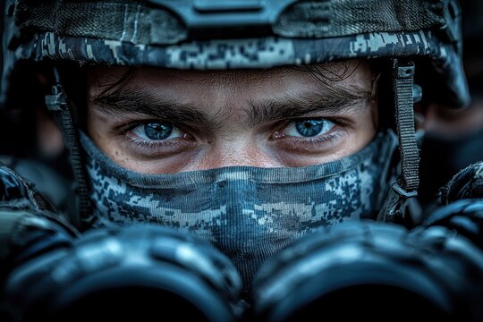 Soldier focused and ready for action during military training exercise in the early morning light