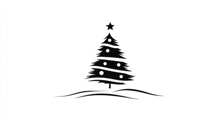 Simple black Christmas tree design on white, snowy background, holiday card