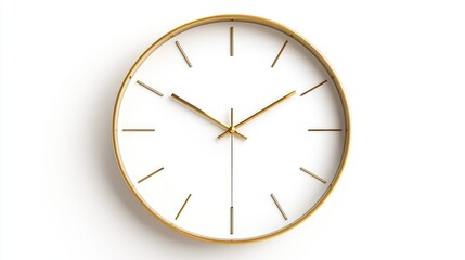 Gold-framed clock showing time on white background, studio shot, time management concept