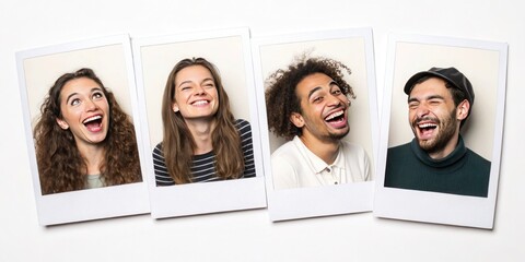 A photo booth strip of four instant photos, showing someone making funny faces, laid out on white.