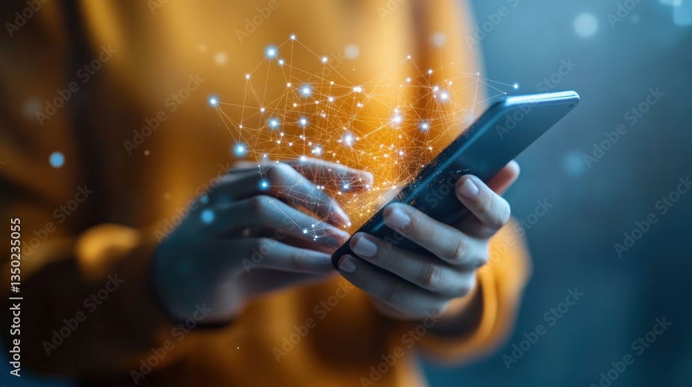 Poster person using smart phone with connected network glowing abstractly