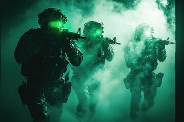 Special forces conduct night mission with green night vision in smoke-filled environment