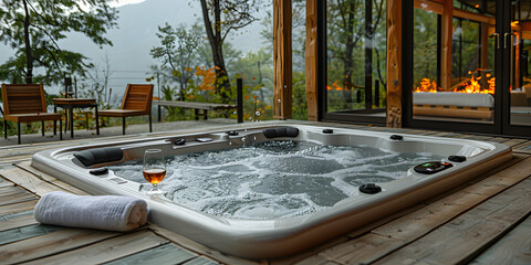 Jacuzzi en un patio de una casa elgante en las montañas