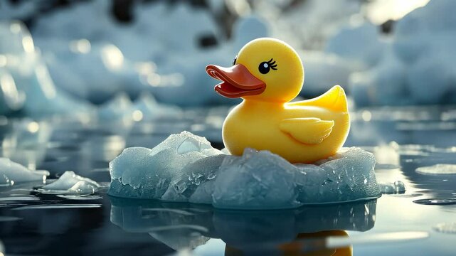 A rubber duck on an iceberg. A duck swimming in the water. Beam of light floes over ice. A rubber duck resting on an ice floe lifestyle.