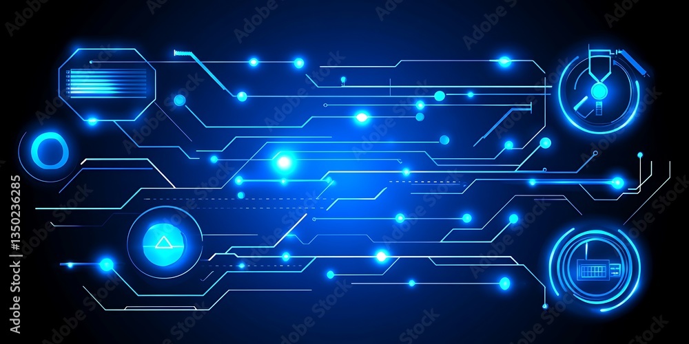 Poster blue digital circuit board with glowing elements and data symbols