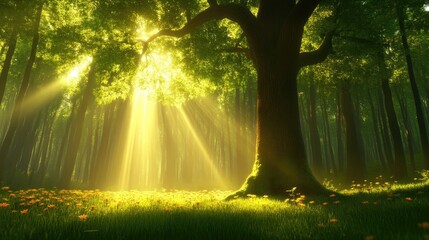 Obraz premium Sunlight streams through a lush forest, illuminating a tranquil glade