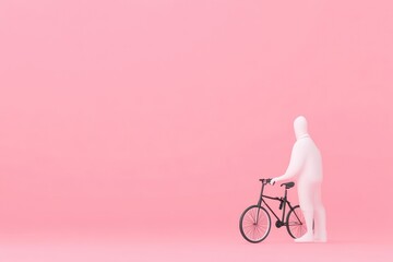 Minimalist figure with bicycle against a pastel pink background