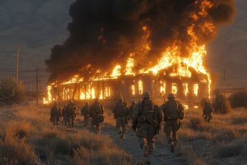 Soldiers approach a burning building during a military operation in a mountainous region at sunset