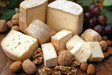 An assortment of various cheeses with grapes and walnuts displayed on a wooden surface in a studio shot