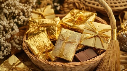 A basket filled with caramel and gold-wrapped Eid chocolates paired with Eidi envelopes tied together with gold string and tassels.