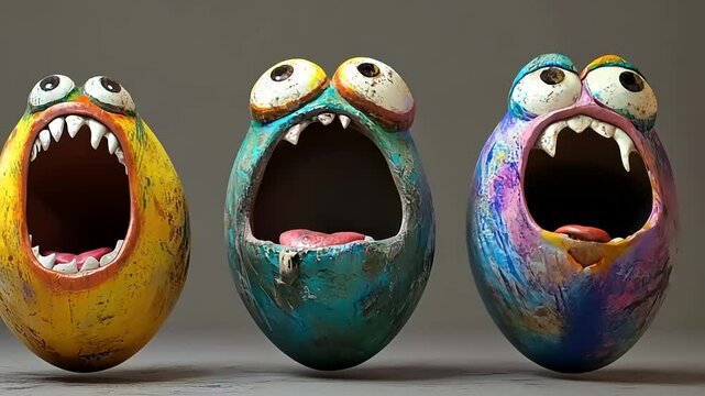 Three Quirky Colorful Monsters Sculptures