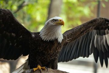Close up of a bald eagle with its wings spread perched on a rock with a blurred green background