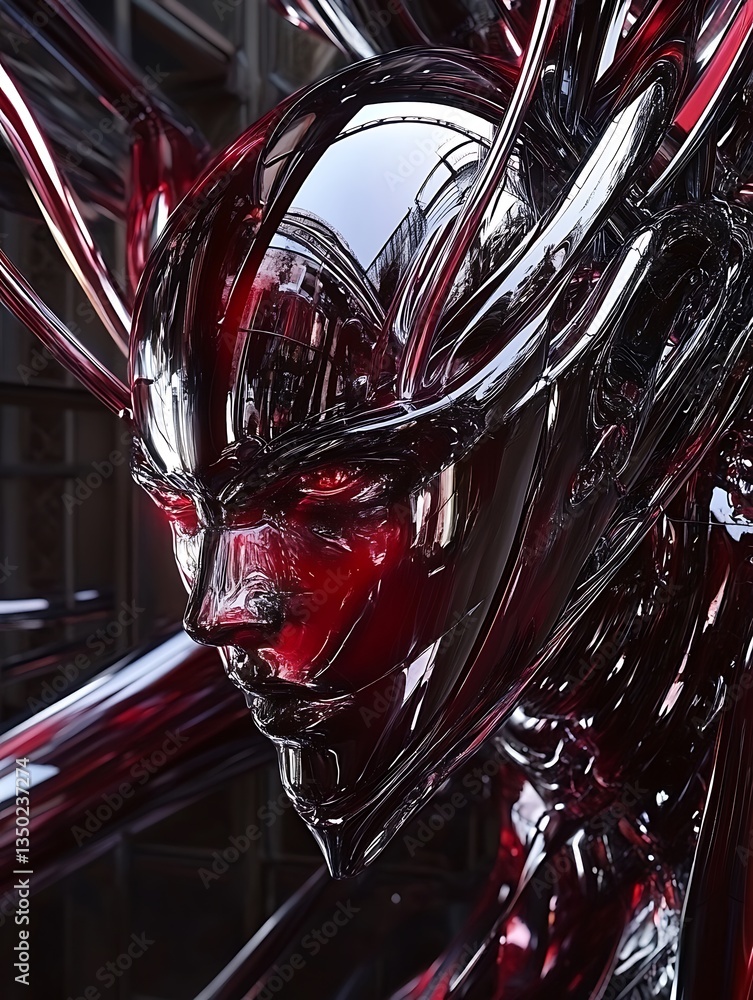 Aufkleber chrome robotic figure in deep red, highlighting innovation and advanced tech