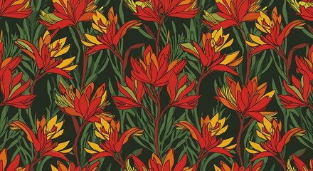Seamless Floral Pattern with Red and Yellow Flowers and Green Foliage
