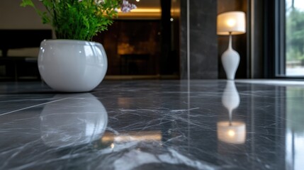 Polished marble floor reflecting interior design elements