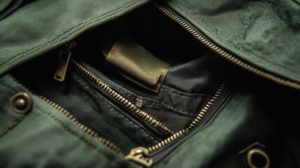 Olive green jacket pocket detail, zipper open, close-up