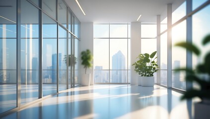 Obraz premium Modern office interior with a spacious design and large window, featuring a clean, empty room with parquet flooring and contemporary architecture