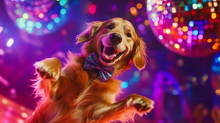 Happy golden retriever dog in a nightclub