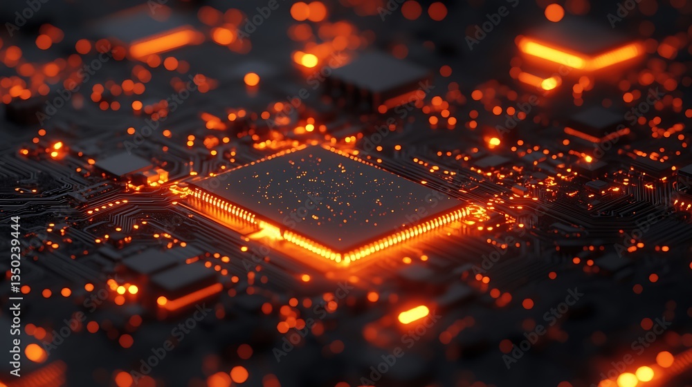Poster glowing cpu on circuit board.