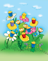 Cartoon  buckets of pollen and flowers