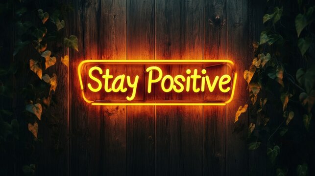 Neon sign showing stay positive on wooden wall with plants