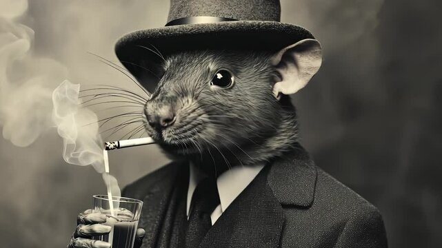 Rat in suit and tie. Black and white rat with black cigarette. A man in a suit tieing a hat and smoking. A rodent dressed in formal attire lifestyle.
