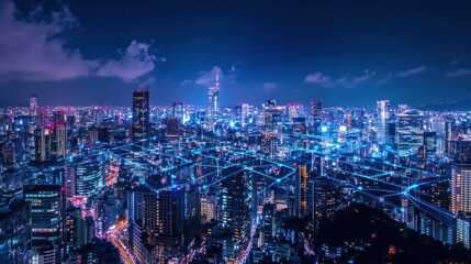 Obraz premium Night cityscape Tokyo futuristic connection aerial