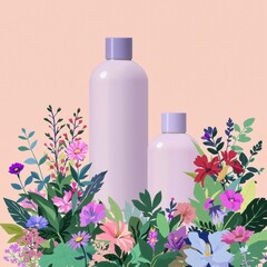 Two bottles of perfume are surrounded by a lush green garden