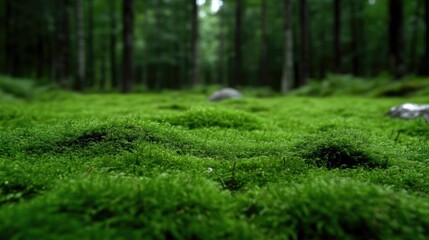 Lush green moss carpet in a forest.  Close-up view of a thick moss layer covering the forest floor, with blurred trees in the background