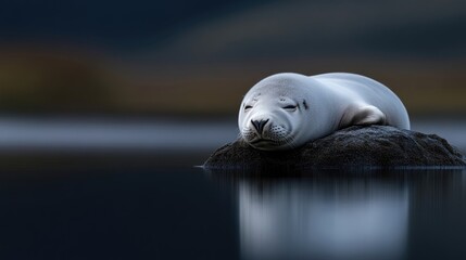 A serene seal rests on a rock, reflecting in the water
