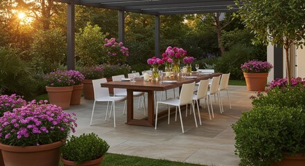 Bright and inviting garden dining space with colorful flowers and fresh greenery, perfect for enjoying a sunny afternoon meal.
