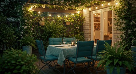 Charming outdoor dining area surrounded by vibrant greenery and decorative lights, perfect for a cozy dinner party.
