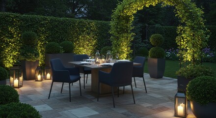 A tranquil outdoor dining area with plants and soft lighting, perfect for an intimate meal. The peaceful setting features greenery and elegant, modern furniture.