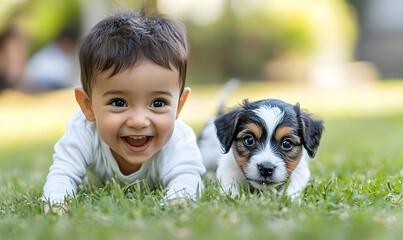 Adorable baby crawling on grass with cute puppy looking at the camera