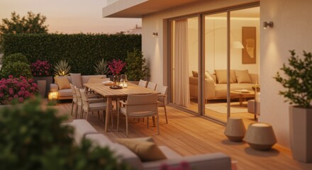 A bright, welcoming patio with a table set for a meal, surrounded by colorful plants and soft lighting, creating a relaxed and inviting atmosphere.