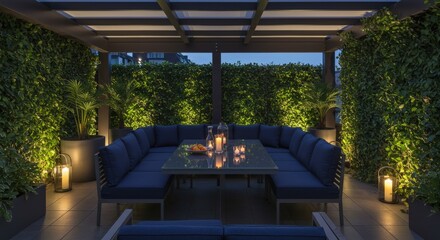 A modern outdoor patio area featuring comfortable seating and lush greenery, illuminated by soft lighting, offering an intimate and relaxing ambiance for evening gatherings.