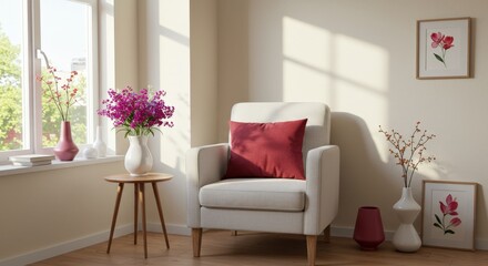 A well-lit corner with a soft armchair, decorative cushions, and flowers in vases, accompanied by minimalist artwork and natural light streaming through the window.

