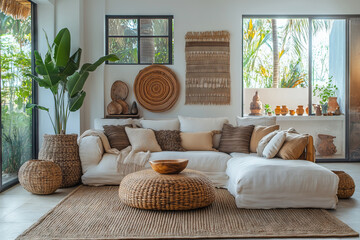 Bohemian living space reflecting morning light with rattan accents on the river