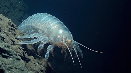 A giant amphipod crawling near a deep-sea trench, its translucent body reflecting light