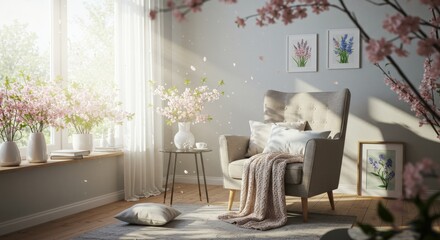 A peaceful living room with a soft armchair, cozy throw blanket, and floral decor, bathed in natural sunlight coming through the window.