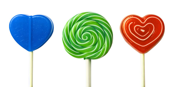 Colorful lollipops in heart and swirl shapes, vibrant candy treats on sticks for a fun, sweet experience.

