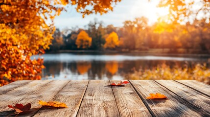 Autumnal lake view from wooden table.