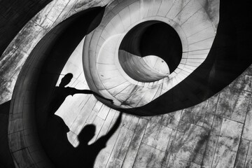 Fototapeta premium A shadow spirals on warped architecture in this surreal photograph bending impossibly watermark.