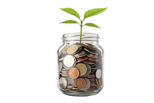 Money Growth Concept with Coins in Jar and Plant - Glass jar filled with coins and a green plant sprouting, symbolizing financial growth, savings, investment, and economic prosperity.