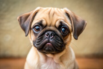 Adorable pug puppy portrait with big eyes, Close-up of a cute pug puppy looking directly at the camera with large, expressive eyes and a curious expression.
