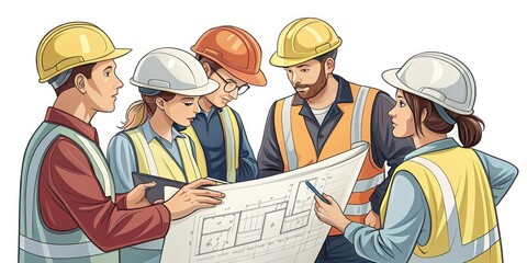 A team of construction workers in safety helmets, discussing a blueprint, white background, clean vector illustration.