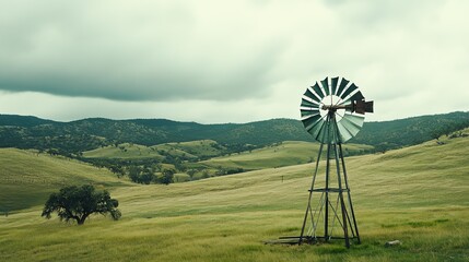 Windmill in Open Field Landscape with Rolling Hills and Overcast Sky
